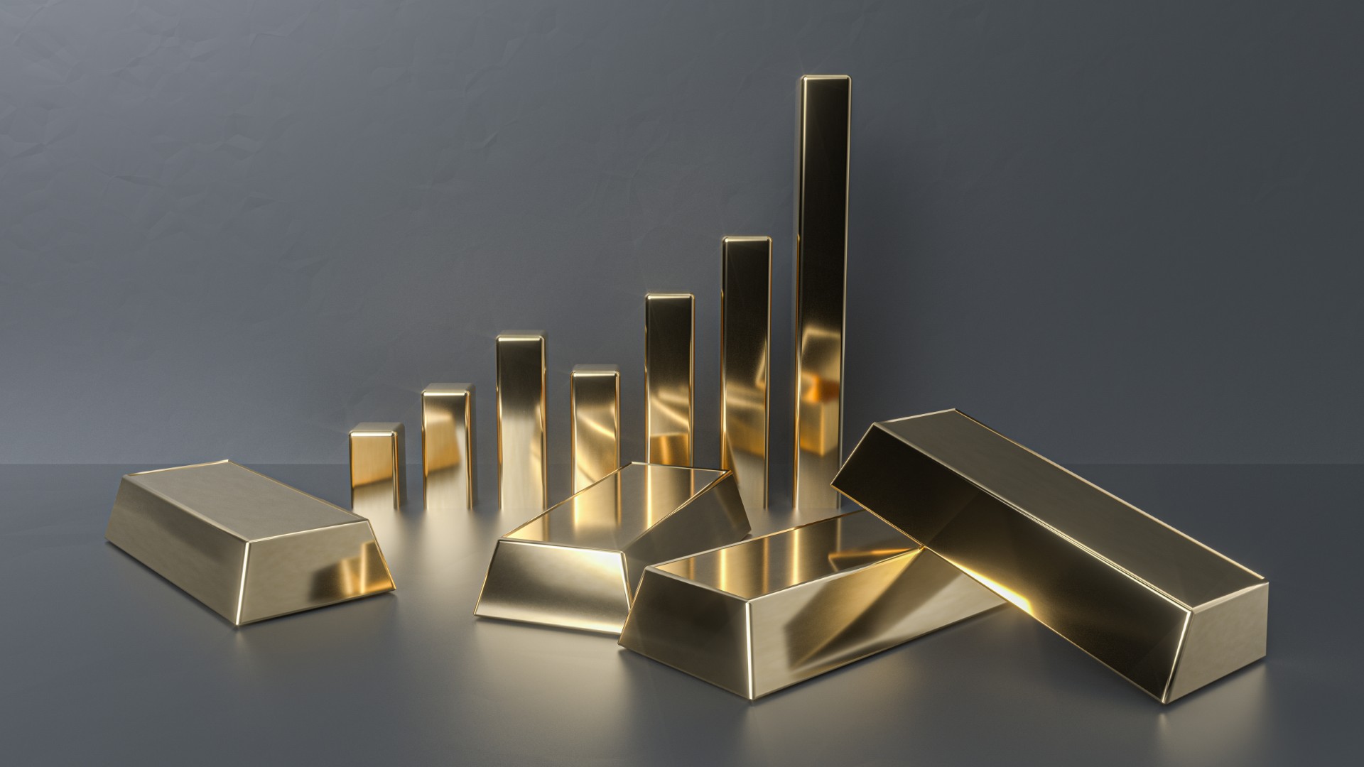 Rohstoffe, wie Gold, gewinnen wieder Bedeutung Ein Balkendiagramm aus Goldbarren verschiedener Länge steht auf einen grauen Untergrund.